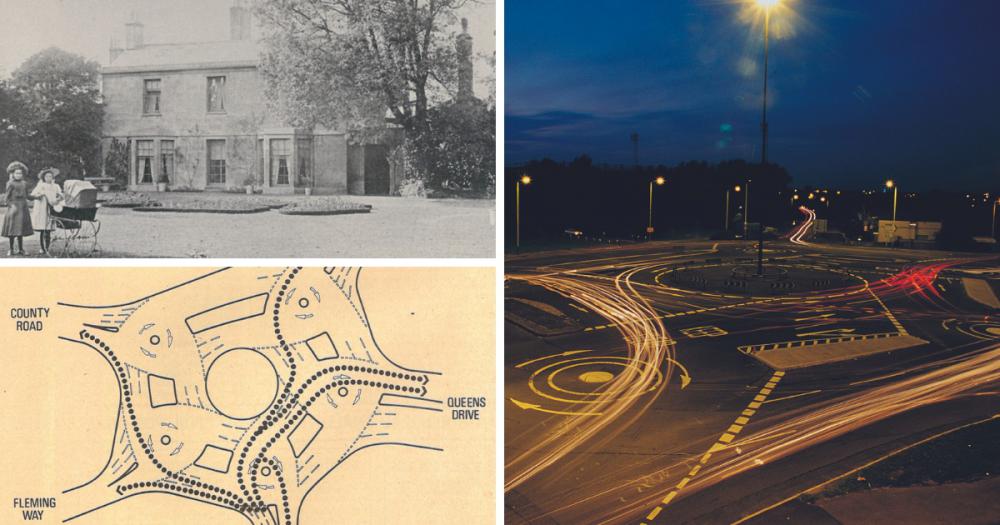 An image of Fairholm House (top left), a bird's eye view map of the roundabout - and an image of how it looks today