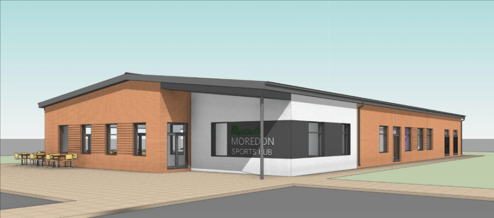 Gallery shows the initial artist's impressions of the Moredon Sports Hub pavilion and site layout