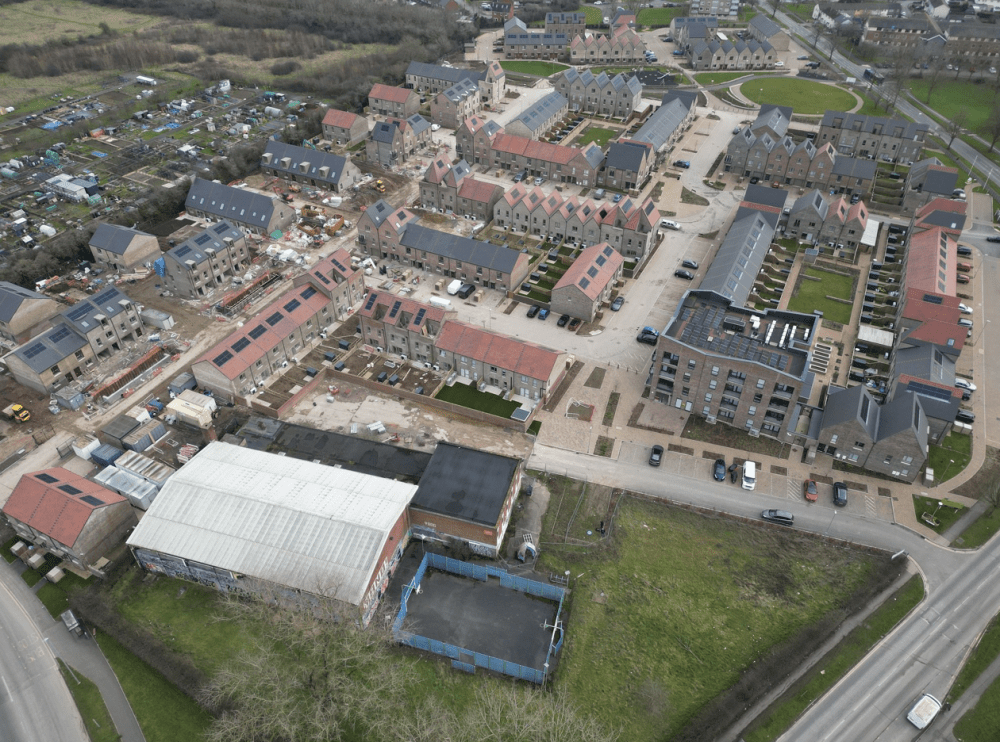 An aerial picture of the derelict Oakfield Project site (bottom left) where 16 accessible homes could be built on the former Oakfield campus, where 239 homes are being built by Nationwide