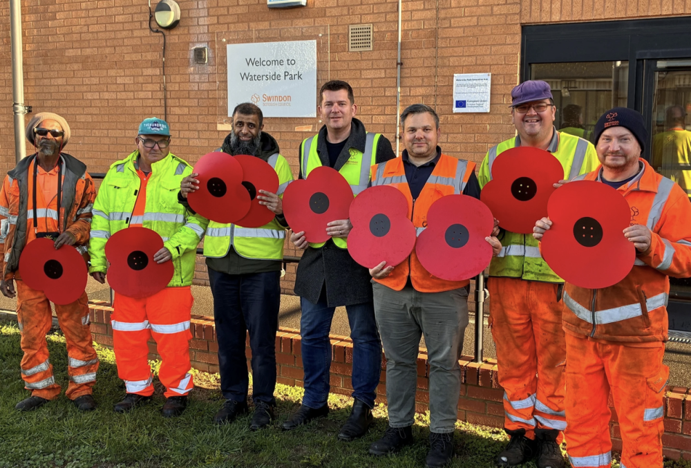 Cllr Nick Gardiner, Cabinet Member for Highways and Transport (middle), with members of the Council's Highways team and some of the poppies that are being put on lampposts on Swindon’s road network