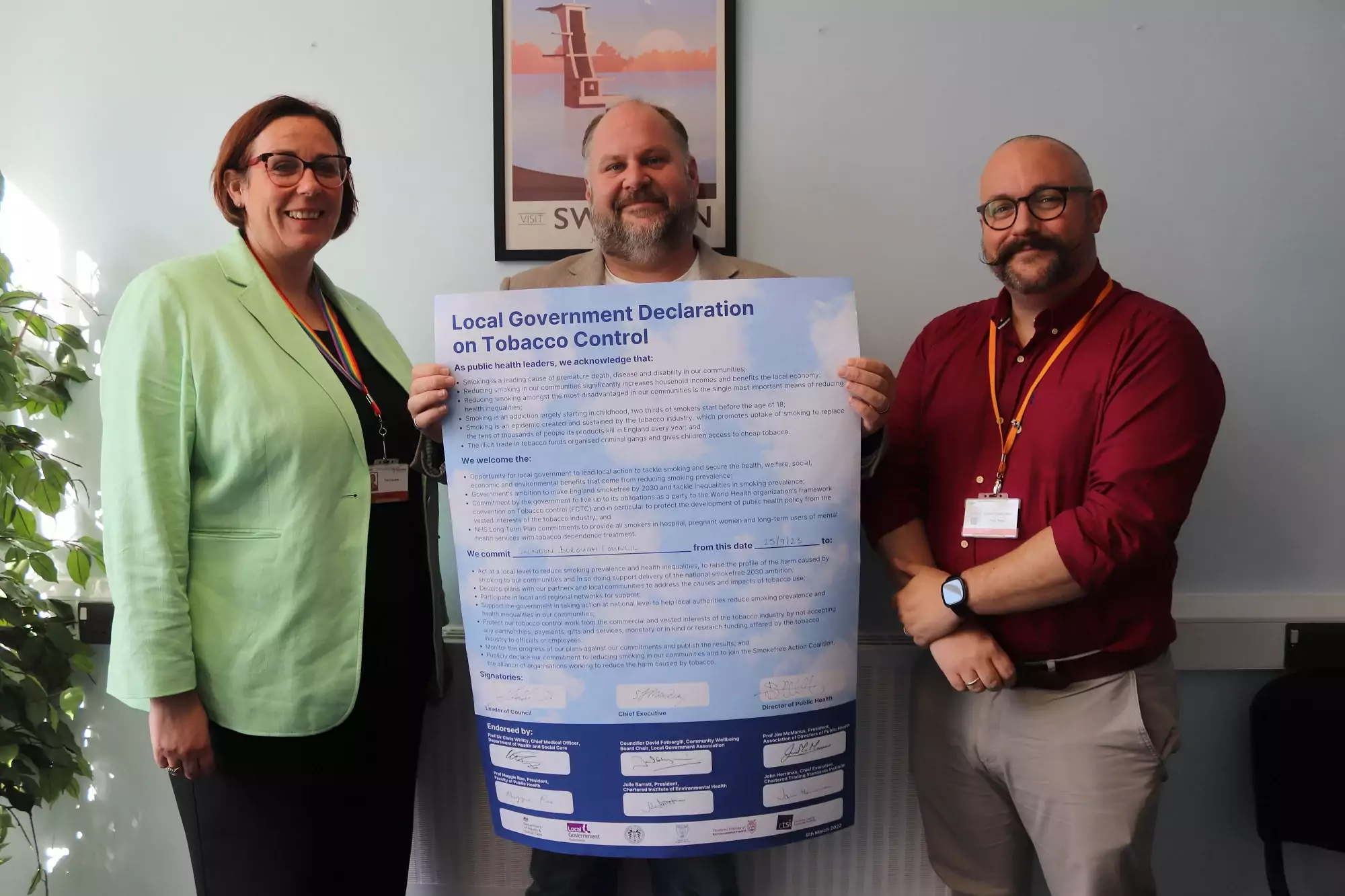 Left to right, Sam Mowbray, the Council’s Chief Executive, Councillor Jim Robbins, the Leader of Swindon Borough Council and Professor Steve Maddern, Director of Public Health holding the Local Government Declaration on Tobacco Control pledge
