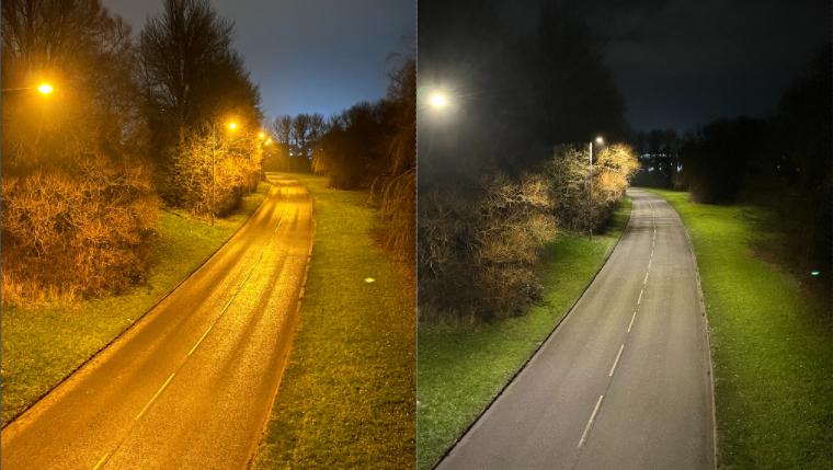 The B4006 near Eldene and Liden looking south, before and after LED upgrades