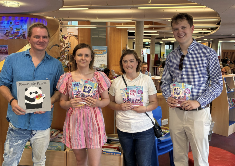 Swindon Libraries’ Children’s Library Patron Steve Antony, Cllr Kate Tomlinson, Cabinet Member for Children and Education, Cllr Alex Hughes, Member Champion for Mental Health, and Cllr Matt Hinton, Cabinet Member for Community Engagement, Safety and Services, at the launch of the Summer Reading Challenge