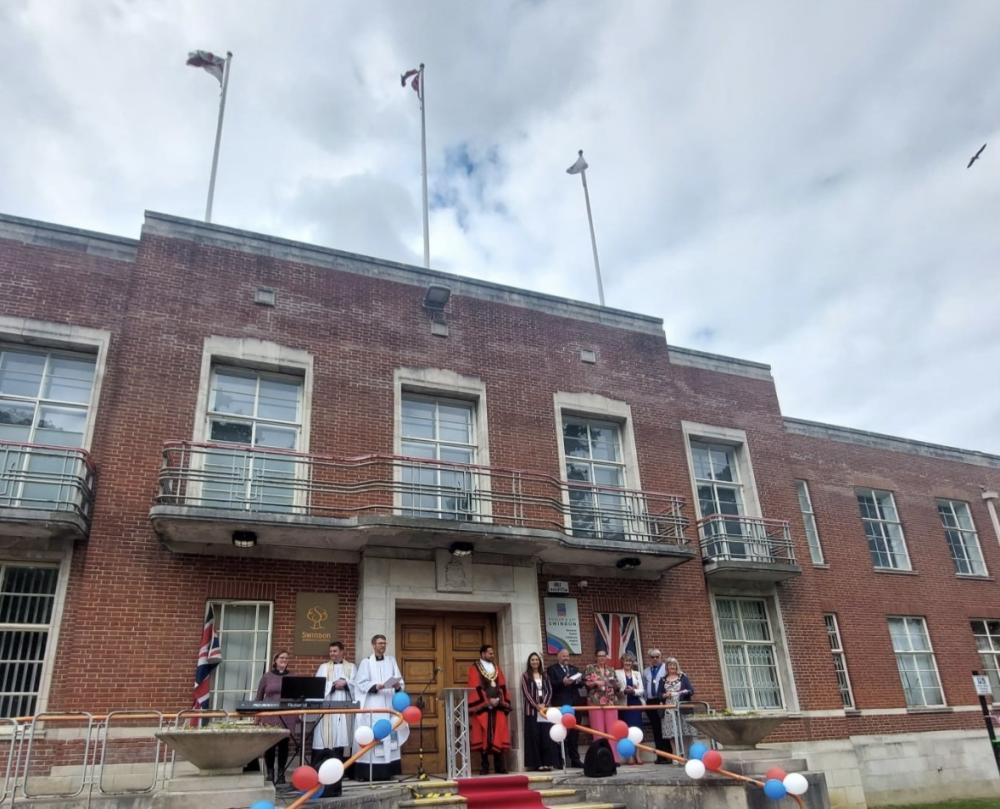 Flags flying above Civic Offices, Euclid St to mark VE Day 