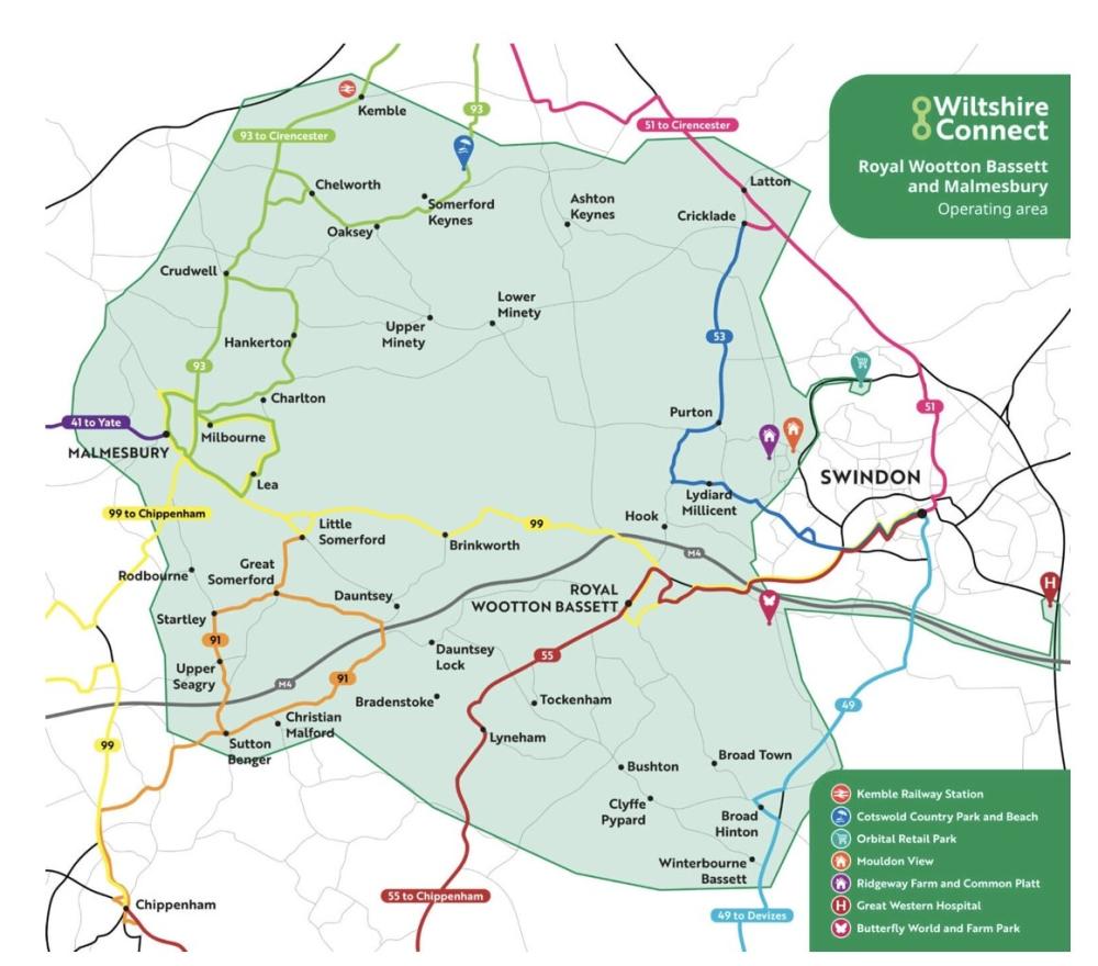 You can book a ride between any two locations within the shaded area shown on the map. (The maximum journey length that can be booked is approx. 12 miles as the crow flies). Rides within Malmesbury are not permitted and where a timetabled bus service is available for your journey.