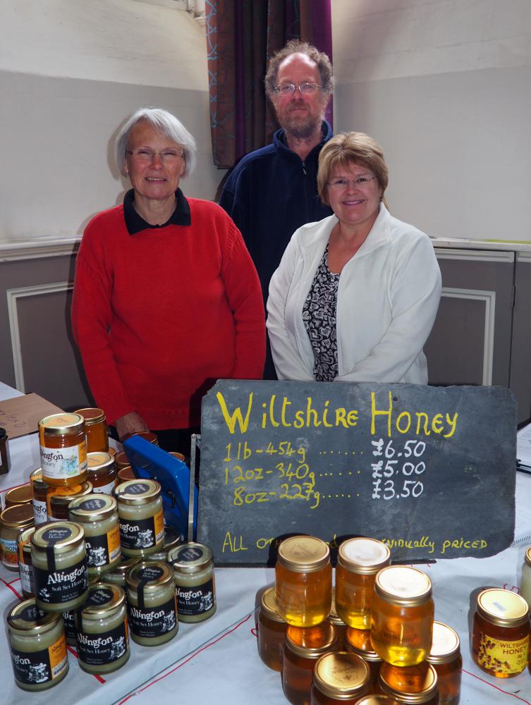 L-R Chris Body, David Brown and Elaine Lewis help on the honey stand at the Wiltshire Bee and Honey Day