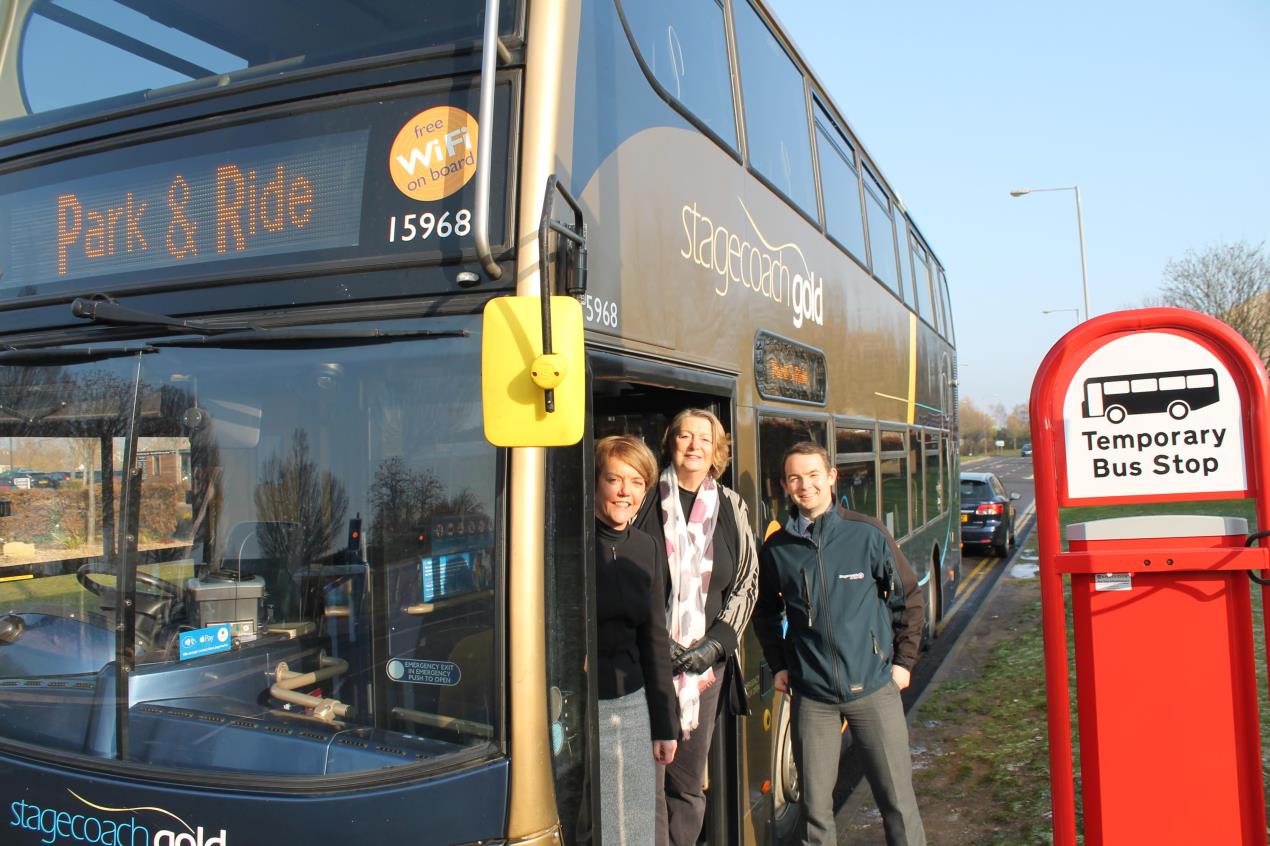 left to right: Tina Cumpstey, Centre Manager at McArthurGlen Designer Outlet Swindon, Councillor Maureen Penny Cabinet Member for Highways and Bill McCartney, Operations Manager for Stagecoach West