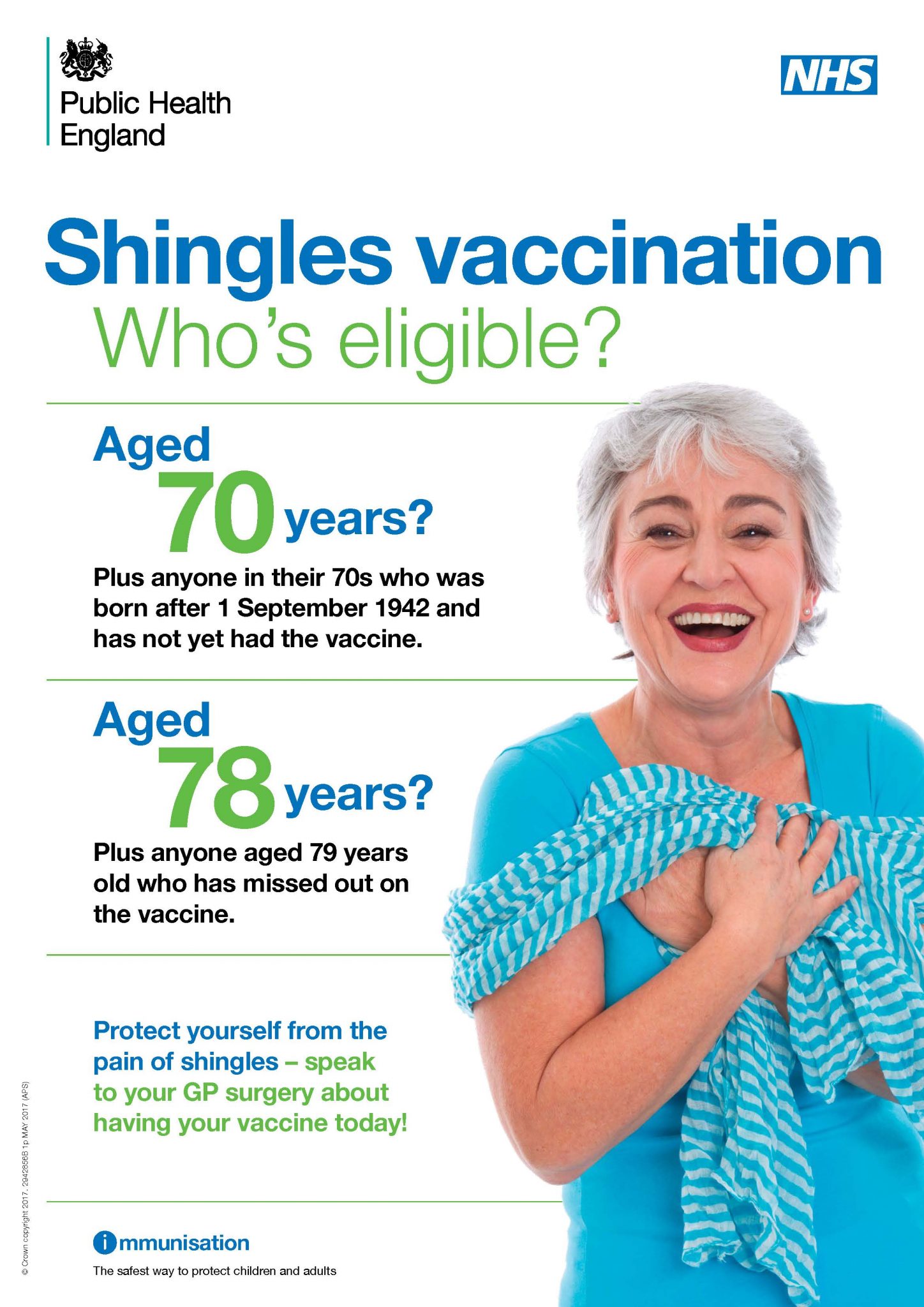 People In Their 70s In The Swindon And Wiltshire Area Are Urged To Take   Shingles Eligibility Poster 